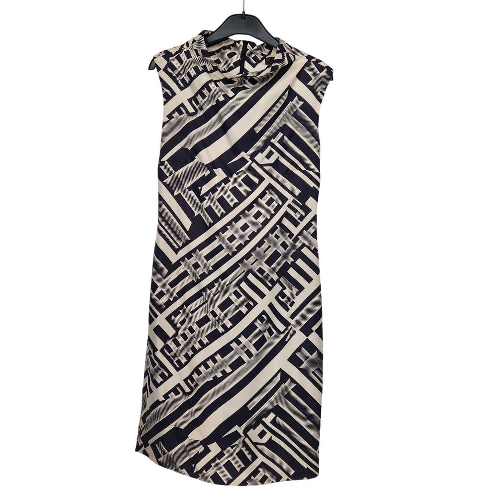Pauw Amsterdam Cream & Black Silk Geo Print Mock Neck Mod Shift Dress Women 1 Sm